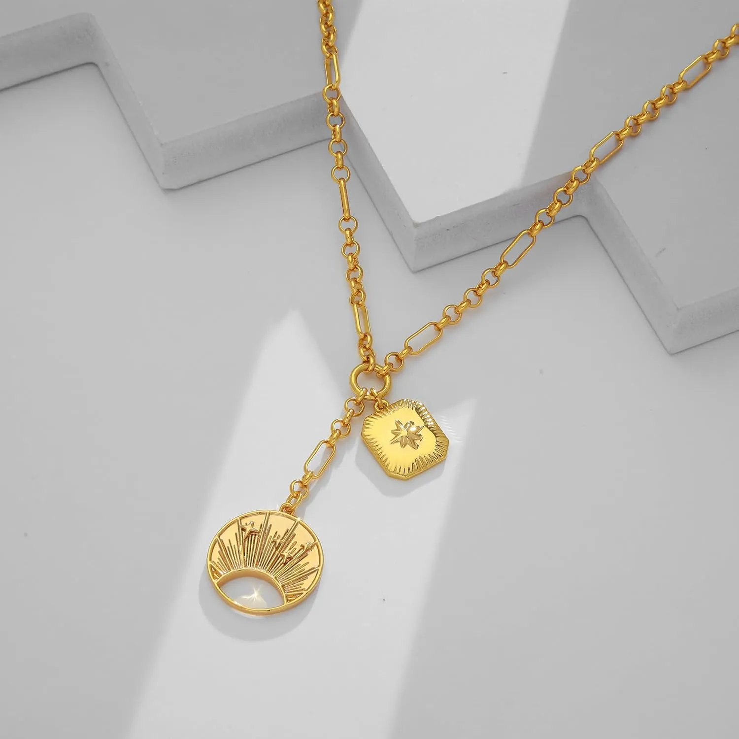 WOWORAMA Gold Pendant Necklace for Women Trendy Sun Star Cross Charm Necklace Lucky Leaf Heart Choker Necklace Chunky Gold Chain Necklace