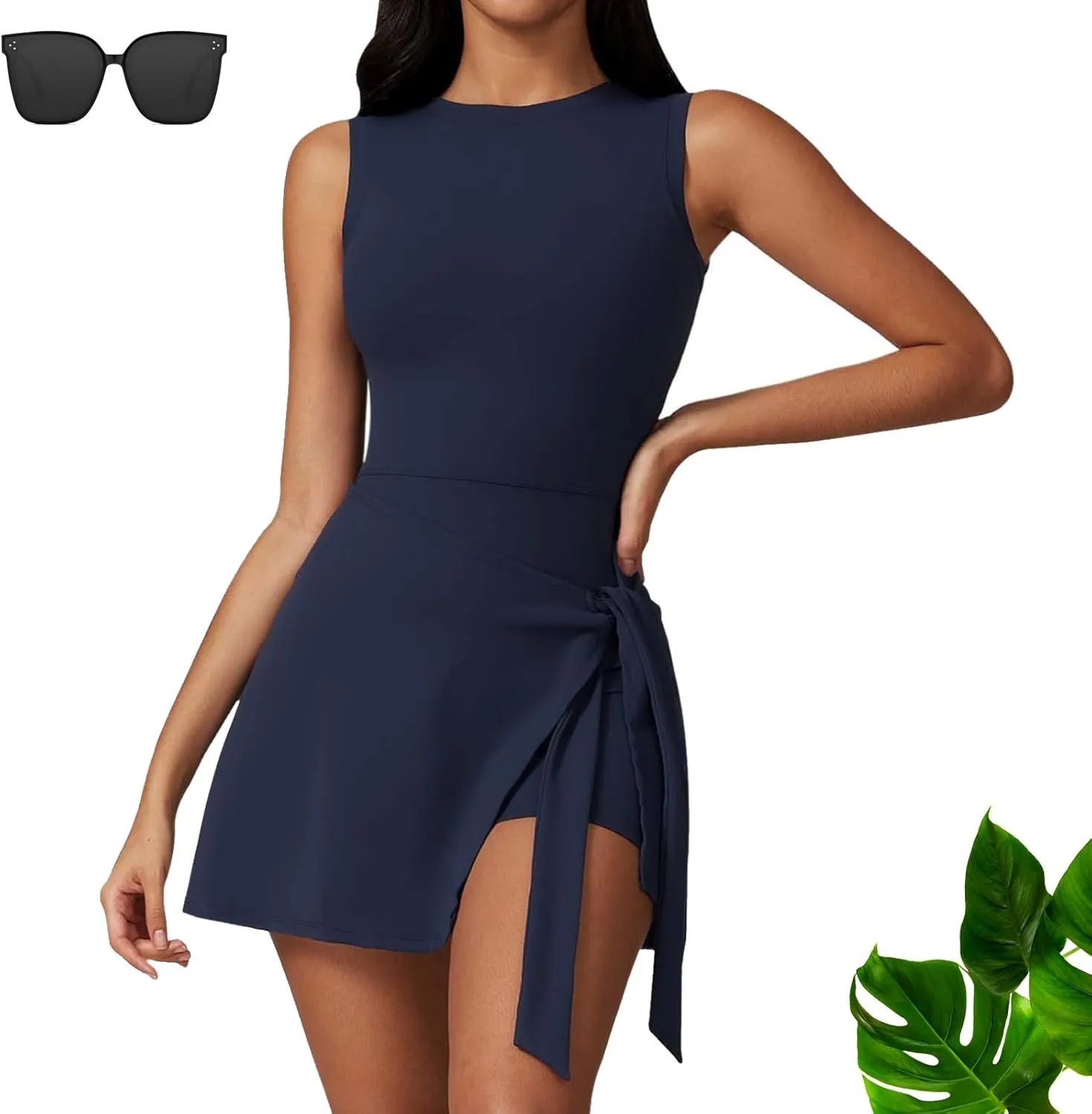 Wrap Sports Dress, Wrap Skort Dress, Womens Sleeveless Workout Athletic Rompers Zipper Back Pocket Onesie Short Jumpsuits (US, Alpha, Small, Regular, Regular, blue)