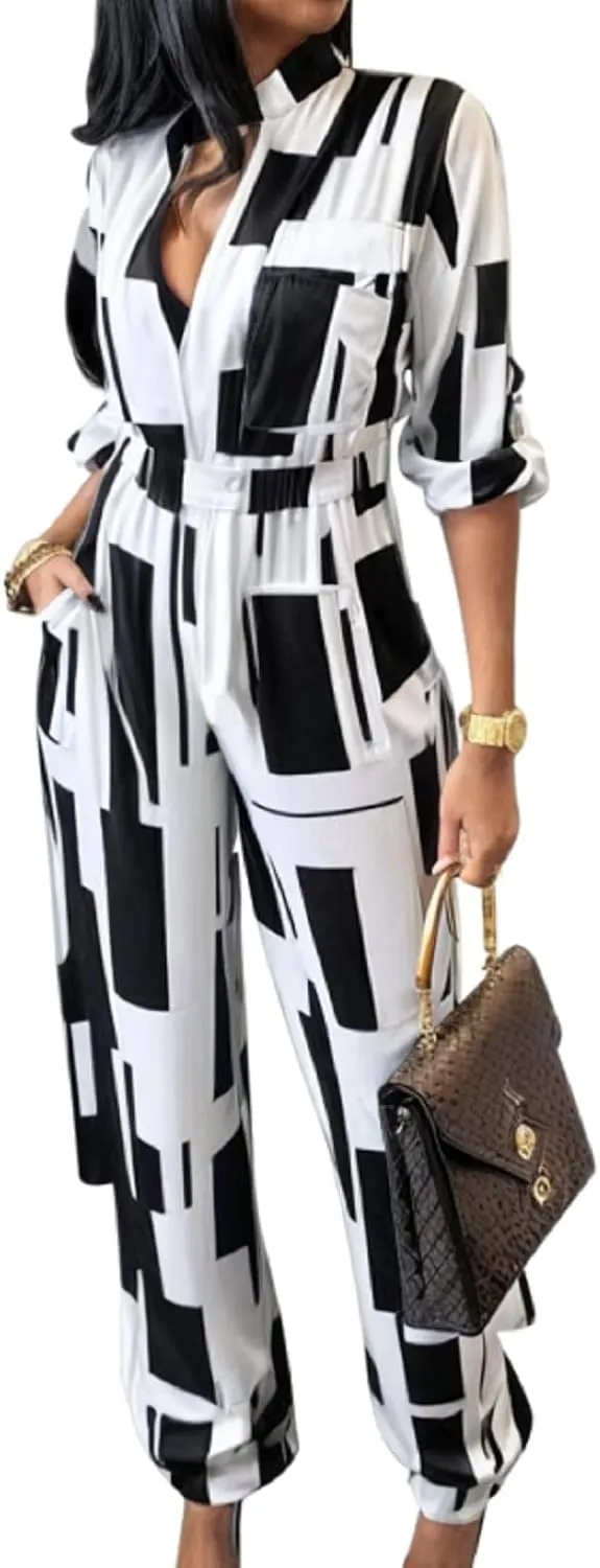 Xinlees Women Elegant Jumpsuits Casual V-neck Long Sleeve Stretchable Long Pants Rompers Button Pocketed Party Club
