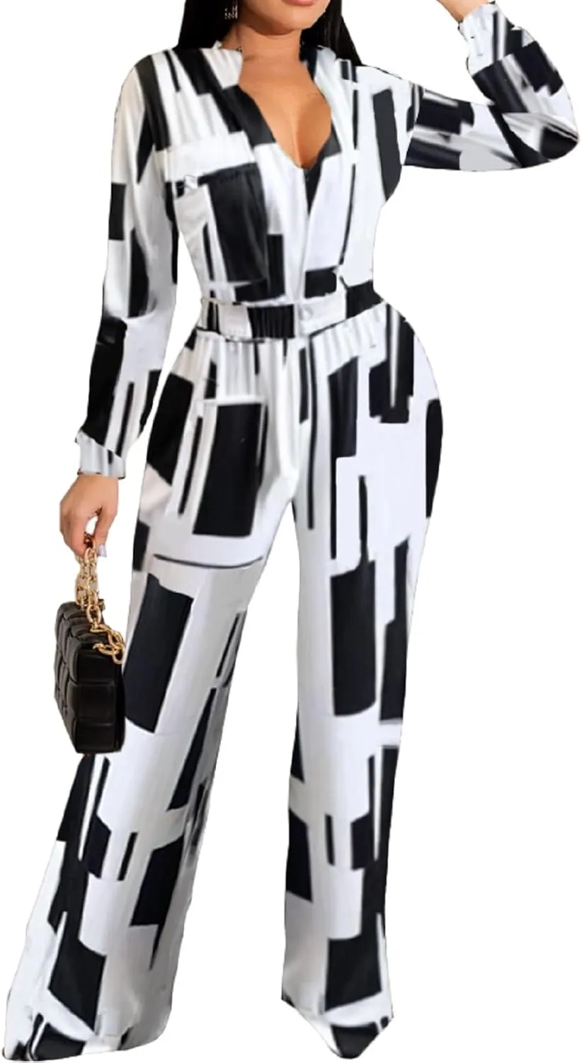 Xinlees Women Elegant Jumpsuits Casual V-neck Long Sleeve Stretchable Long Pants Rompers Button Pocketed Party Club