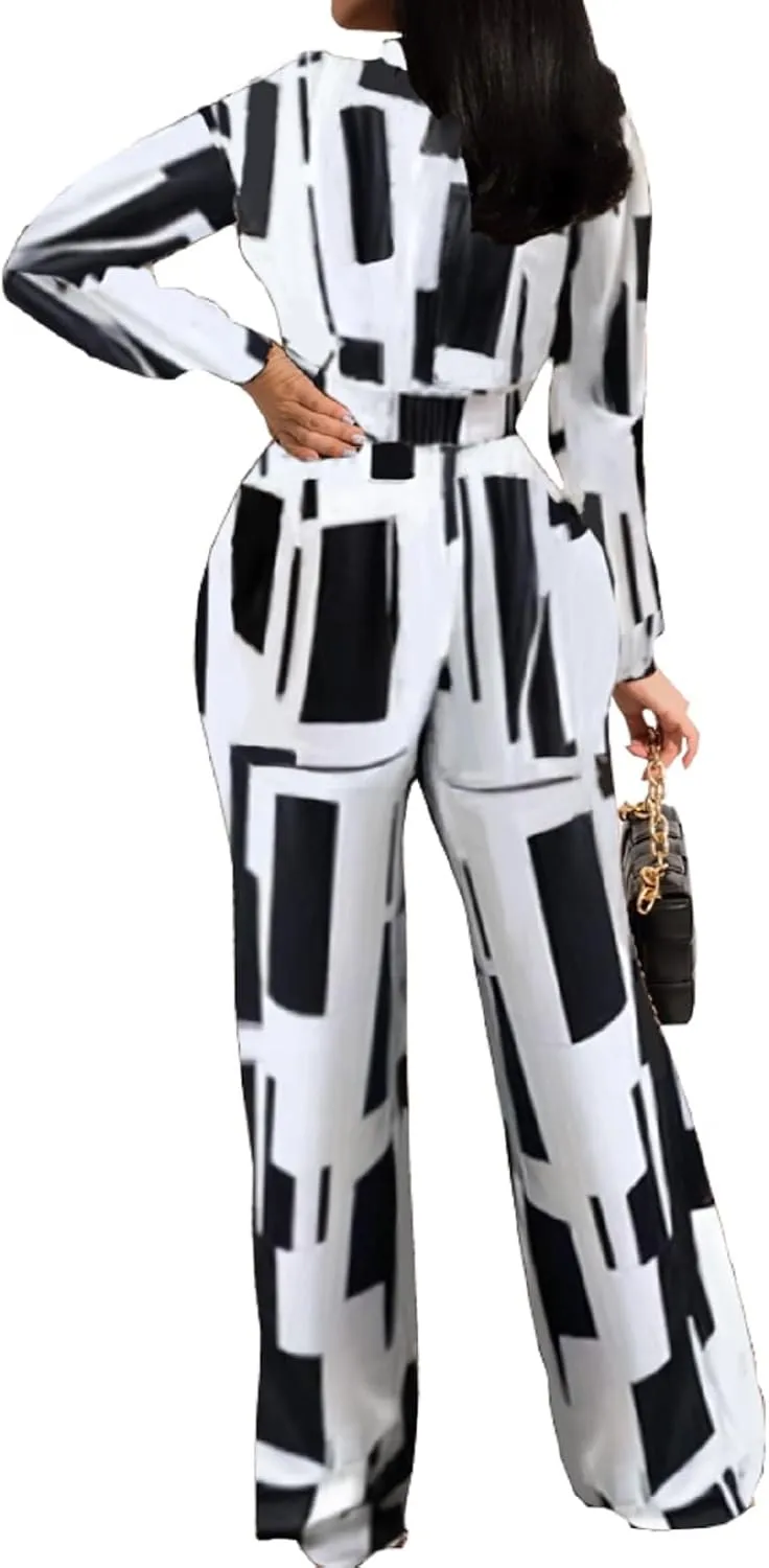 Xinlees Women Elegant Jumpsuits Casual V-neck Long Sleeve Stretchable Long Pants Rompers Button Pocketed Party Club