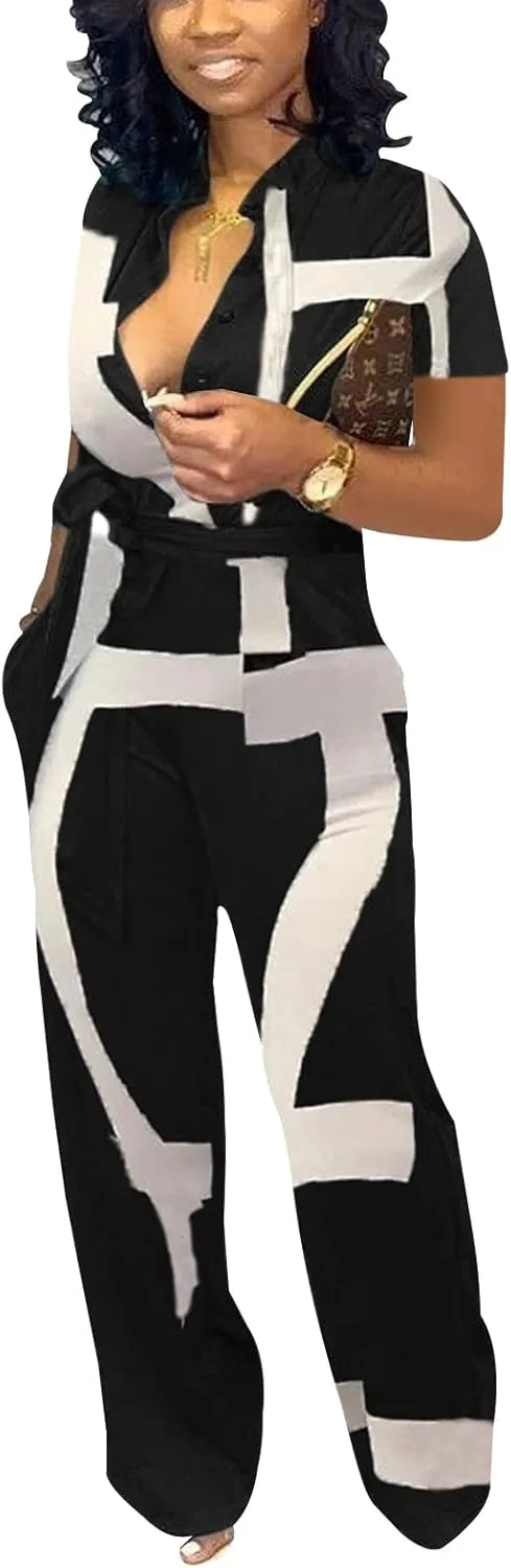Xinlees Womens Elegant Jumpsuits Casual Short Sleeve Fashion Print Long Pants Rompers Straight Club Outfits