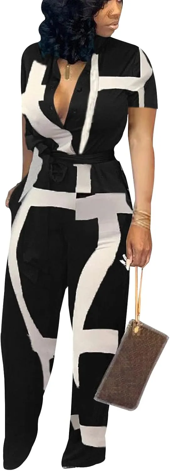 Xinlees Womens Elegant Jumpsuits Casual Short Sleeve Fashion Print Long Pants Rompers Straight Club Outfits
