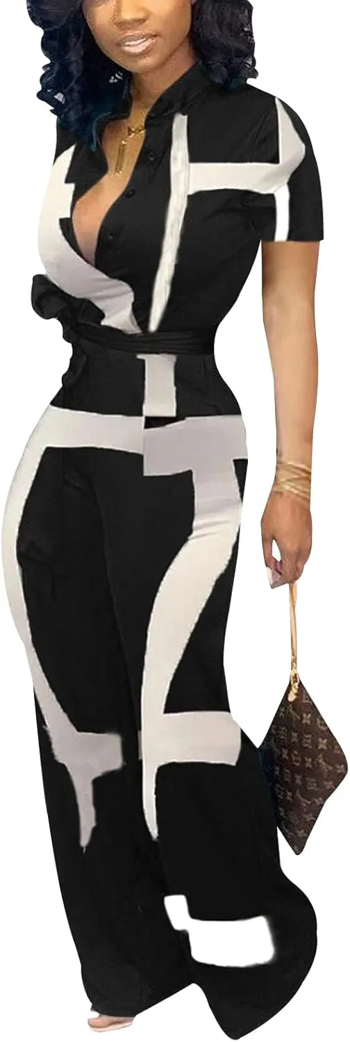 Xinlees Womens Elegant Jumpsuits Casual Short Sleeve Fashion Print Long Pants Rompers Straight Club Outfits