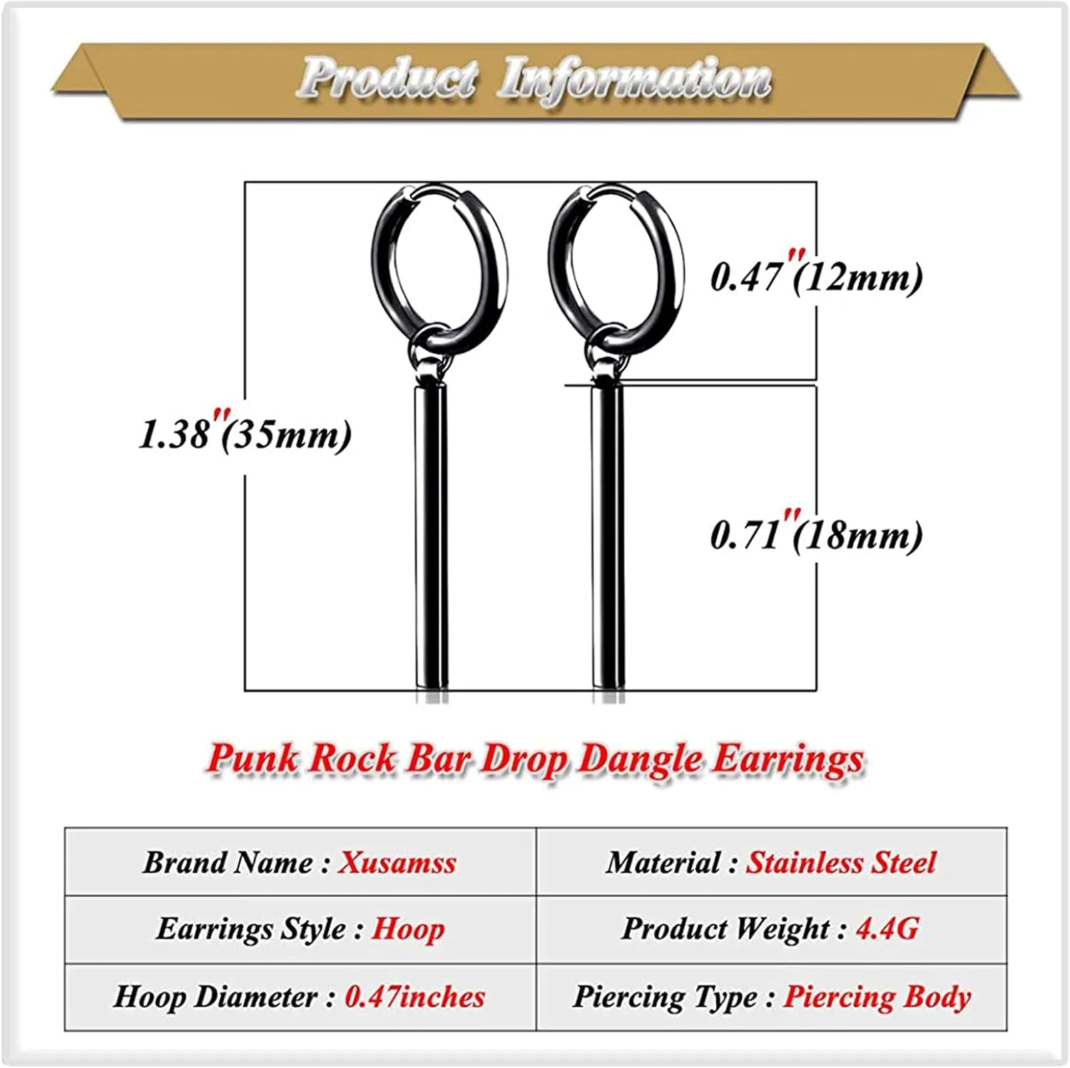 Xusamss Punk Jewelry Stainless Steel Huggie Hinged Earrings Bar Dangle Drop Earrings