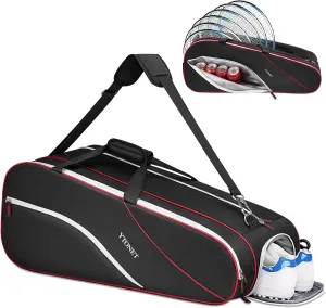 Ytonet Tennis Bag 6 Rackets, Large Tennis Racket Bag for Men Women with Insulated Pocket Shoe Compartment Water Resistant 3-Ways Carry Padded Badminton Cover for Pro/Team/Familiy Training, Black