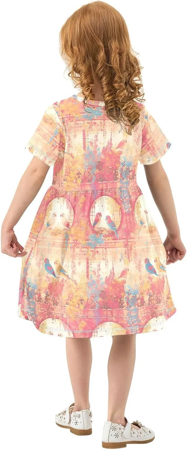 Yuiboo Gradient Pink and Gold Birds Girls Dress Short Sleeve Casual Loose Ruffle Dresses for Toddler Girls
