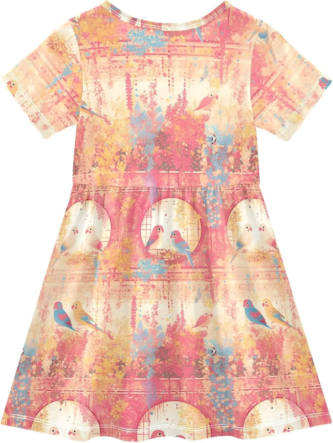 Yuiboo Gradient Pink and Gold Birds Girls Dress Short Sleeve Casual Loose Ruffle Dresses for Toddler Girls