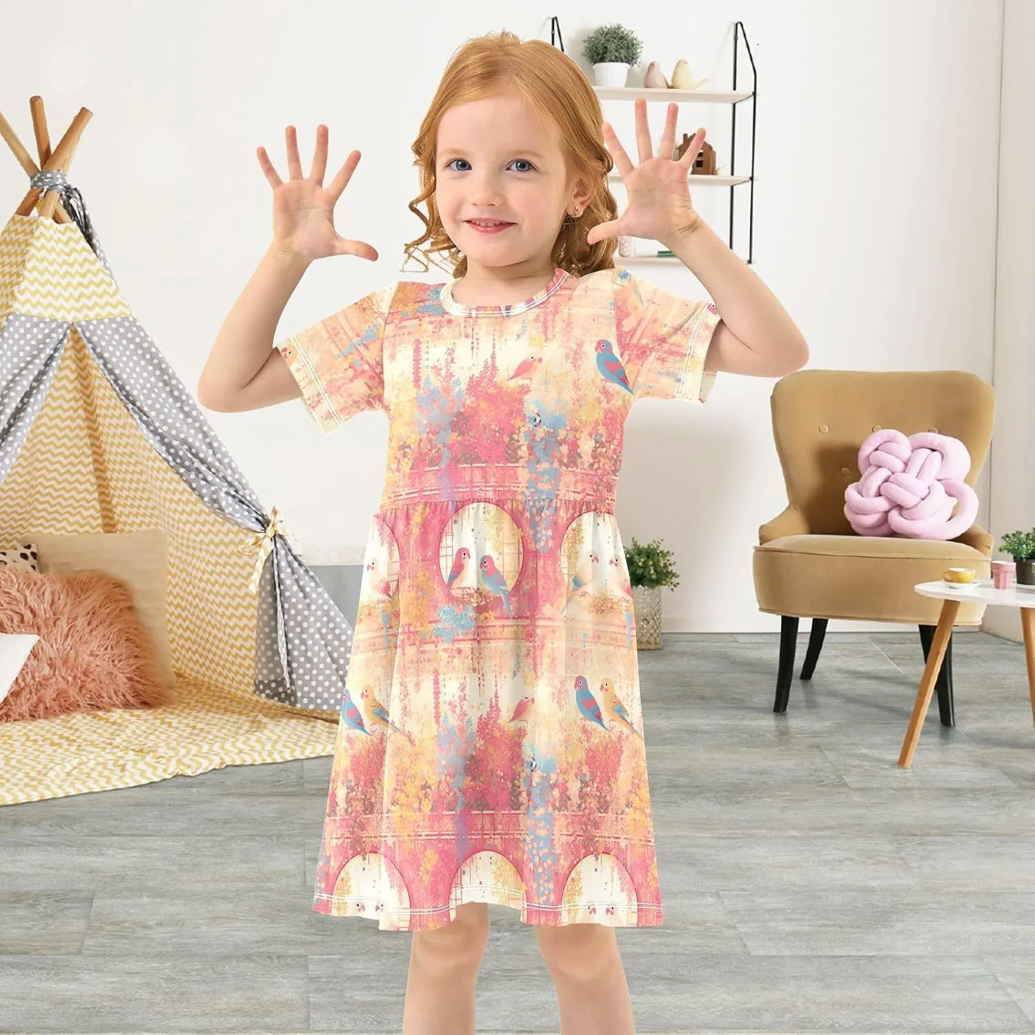 Yuiboo Gradient Pink and Gold Birds Girls Dress Short Sleeve Casual Loose Ruffle Dresses for Toddler Girls