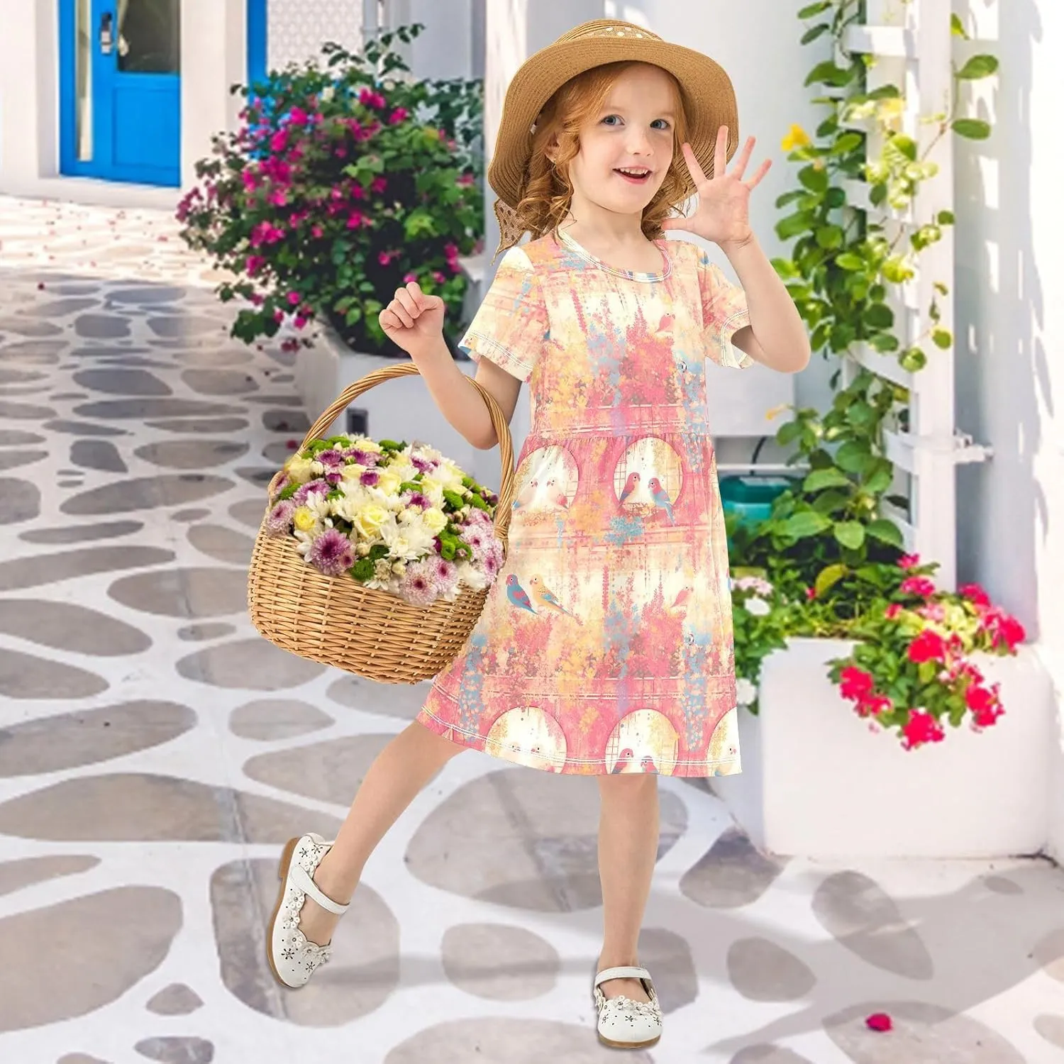 Yuiboo Gradient Pink and Gold Birds Girls Dress Short Sleeve Casual Loose Ruffle Dresses for Toddler Girls