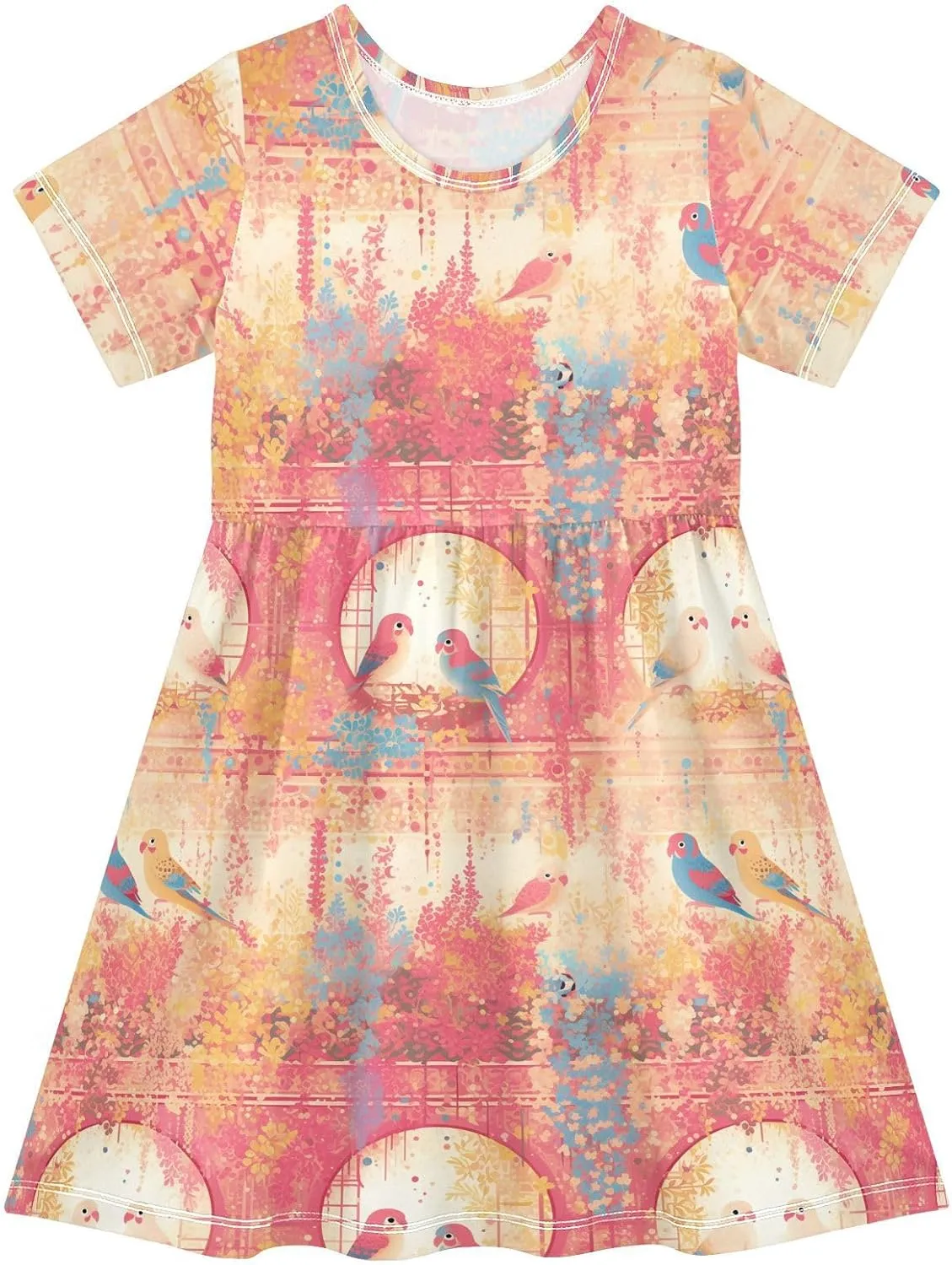 Yuiboo Gradient Pink and Gold Birds Girls Dress Short Sleeve Casual Loose Ruffle Dresses for Toddler Girls