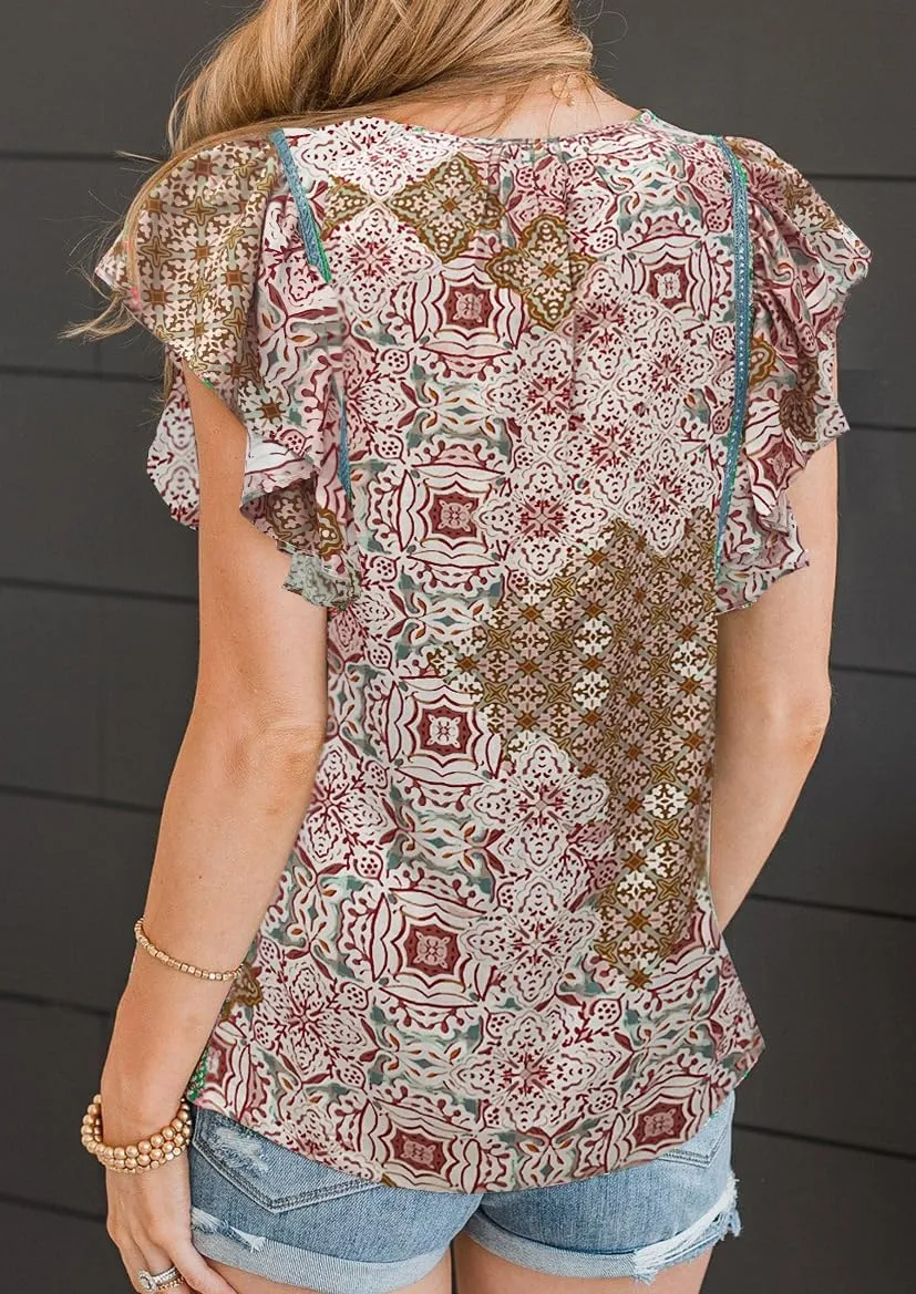 ZC&GF Women's Tops Casual Boho Floral Print V Neck Blouses Flannel Ruffle Sleeve Loose Shirts