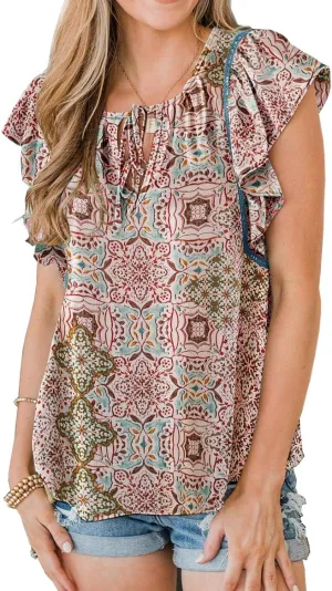 ZC&GF Women's Tops Casual Boho Floral Print V Neck Blouses Flannel Ruffle Sleeve Loose Shirts