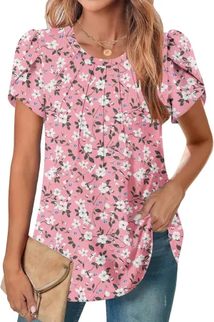 Zeagoo Womens Short Sleeve Tops Pleated Dressy Casual Crew Neck Summer Loose Shirts Blouses