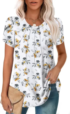 Zeagoo Womens Short Sleeve Tops Pleated Dressy Casual Crew Neck Summer Loose Shirts Blouses