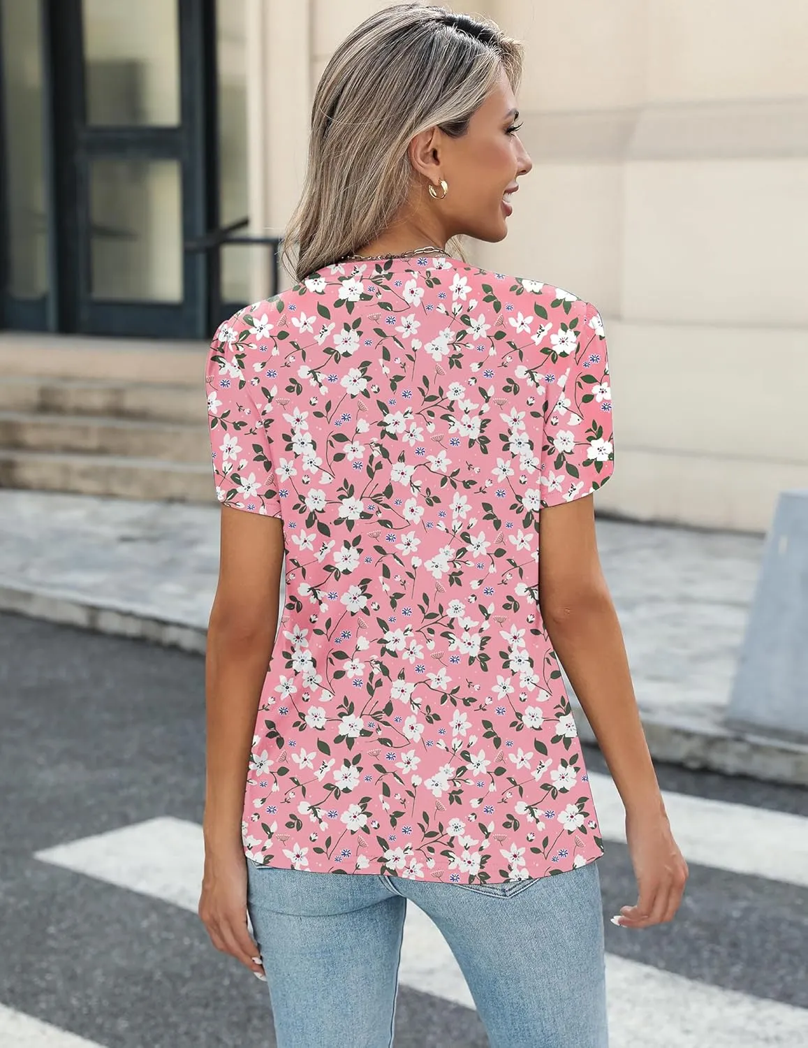 Zeagoo Womens Short Sleeve Tops Pleated Dressy Casual Crew Neck Summer Loose Shirts Blouses