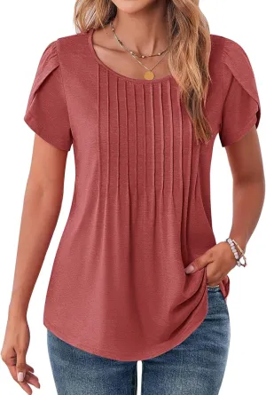 Zeagoo Womens Tops Petal Short Sleeve Summer Casual Crew Neck Shirts Floral Solid Blouse Pleated Tunics