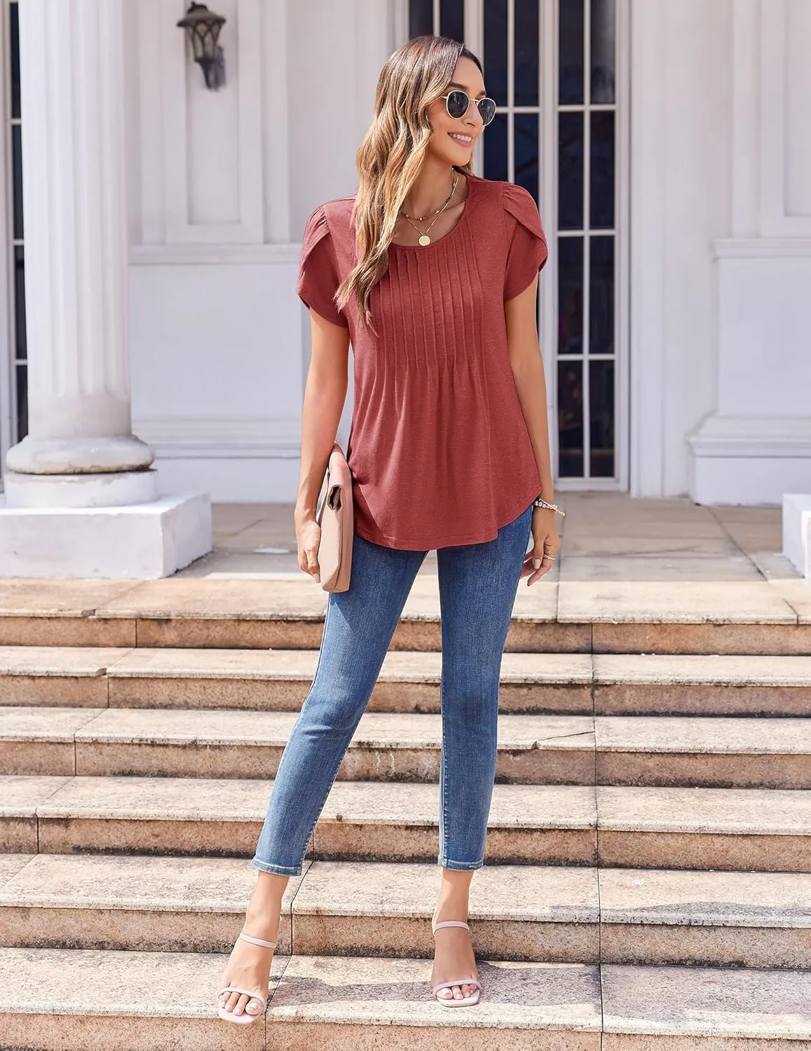 Zeagoo Womens Tops Petal Short Sleeve Summer Casual Crew Neck Shirts Floral Solid Blouse Pleated Tunics