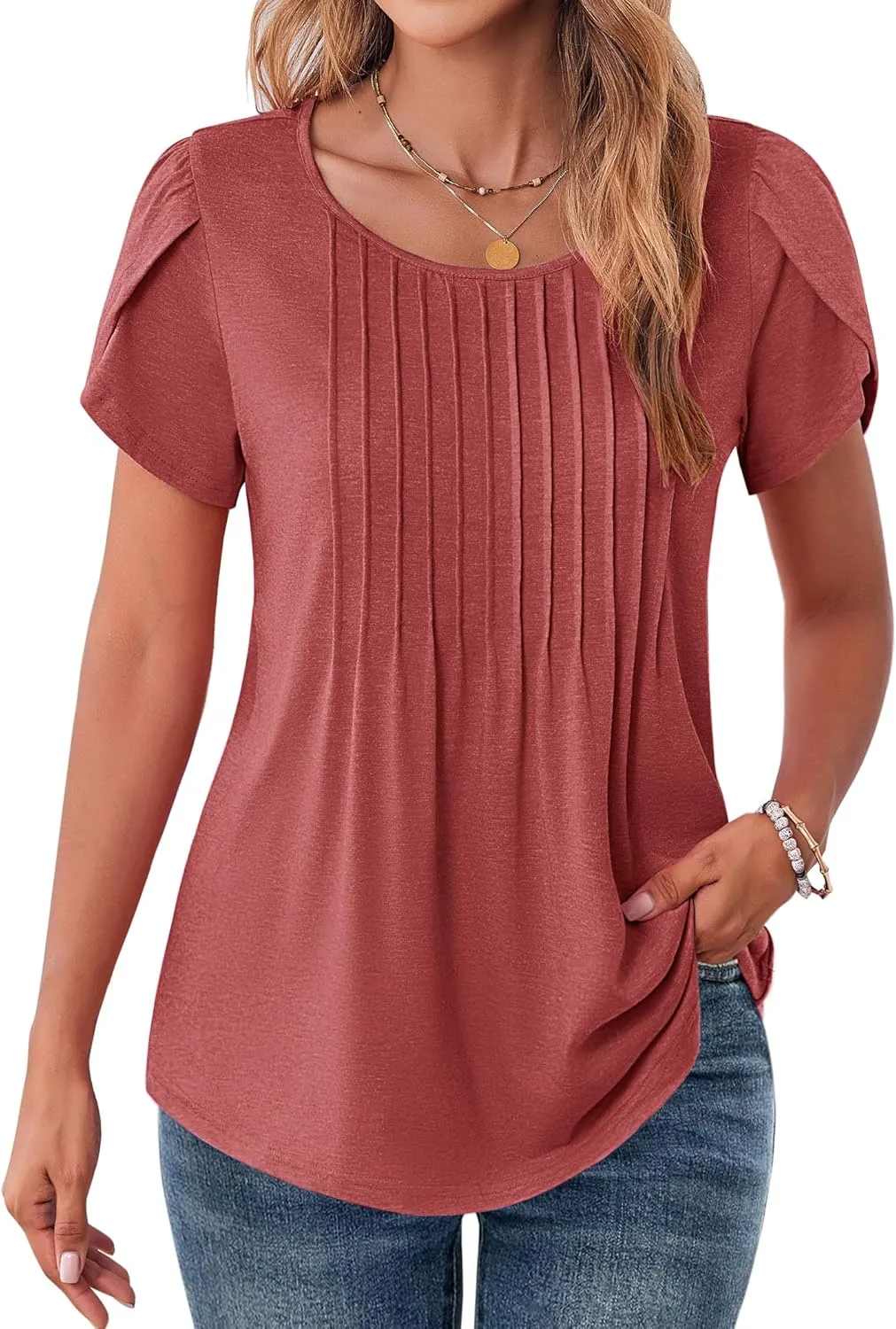 Zeagoo Womens Tops Petal Short Sleeve Summer Casual Crew Neck Shirts Floral Solid Blouse Pleated Tunics
