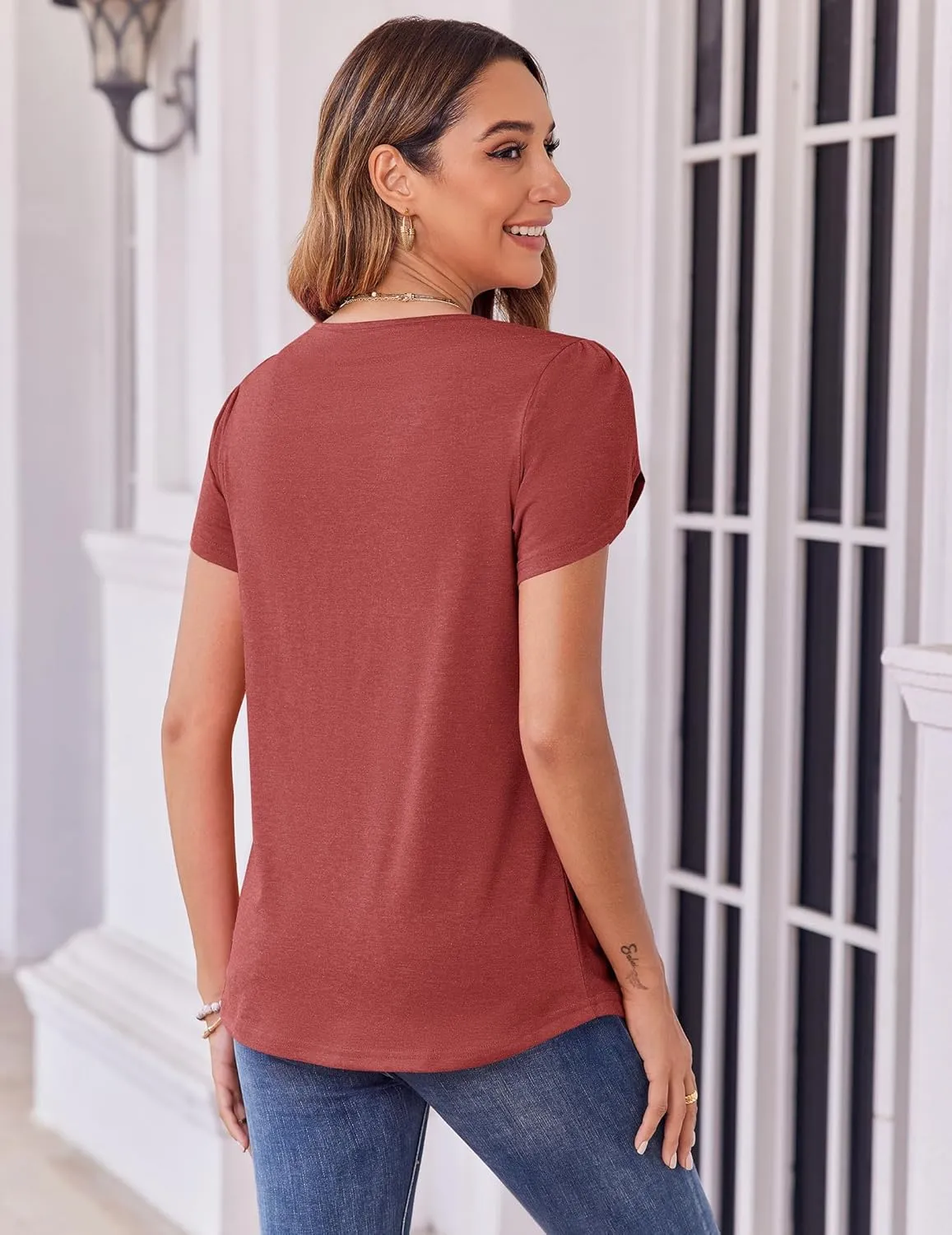Zeagoo Womens Tops Petal Short Sleeve Summer Casual Crew Neck Shirts Floral Solid Blouse Pleated Tunics