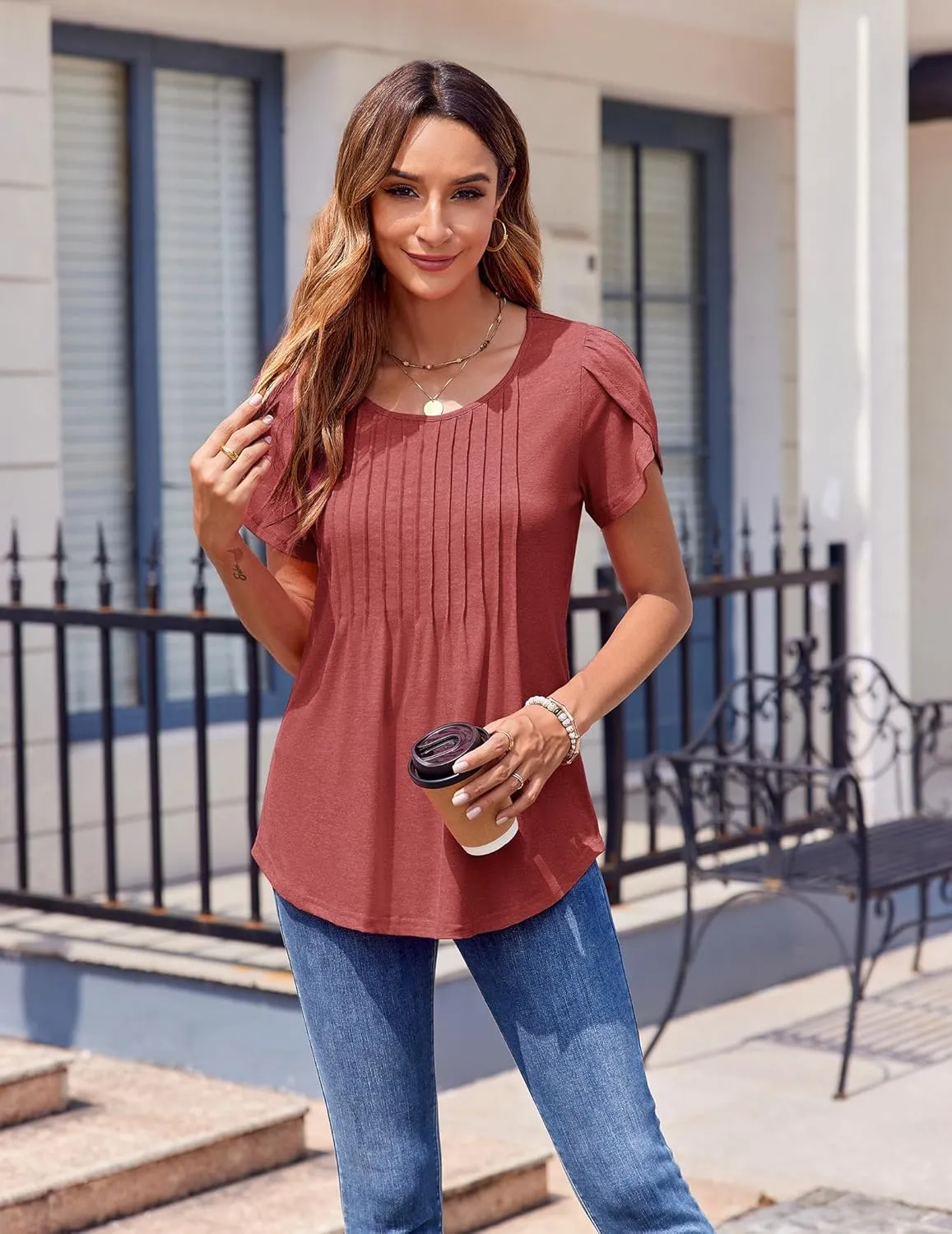 Zeagoo Womens Tops Petal Short Sleeve Summer Casual Crew Neck Shirts Floral Solid Blouse Pleated Tunics