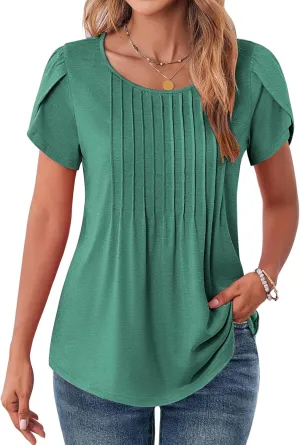 Zeagoo Women's Tops Short Sleeve Pleated Crew Neck Dressy Casual Loose Tee Shirts Summer Clothes Green XXL