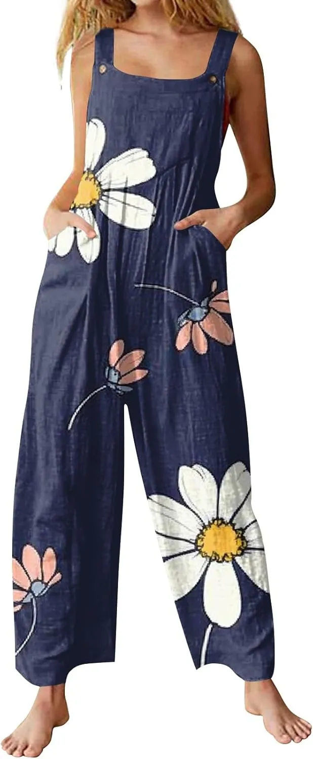ZEFOTIM Wide Leg Jumpsuits for Women Floral Rompers Square Neck Wide Leg Jumpers Comfy Wide Straps Overall with Pockets