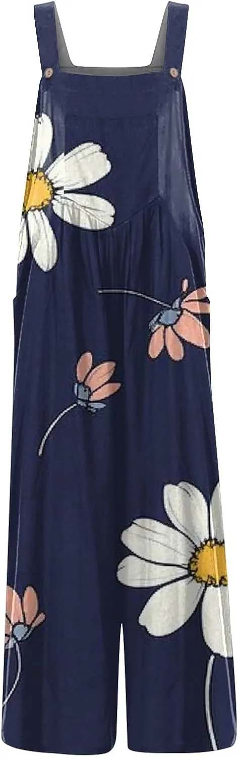 ZEFOTIM Wide Leg Jumpsuits for Women Floral Rompers Square Neck Wide Leg Jumpers Comfy Wide Straps Overall with Pockets