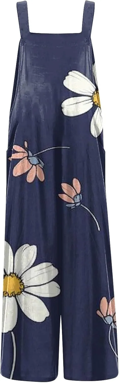 ZEFOTIM Wide Leg Jumpsuits for Women Floral Rompers Square Neck Wide Leg Jumpers Comfy Wide Straps Overall with Pockets