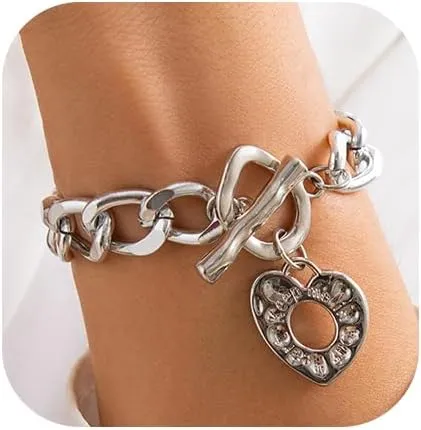 ZMANYIJEW Chunky Cross Bracelet Chain for Women Gold Silver BraceletsGold Cross Heart Toggle Statement Chain Bangle Jewelry