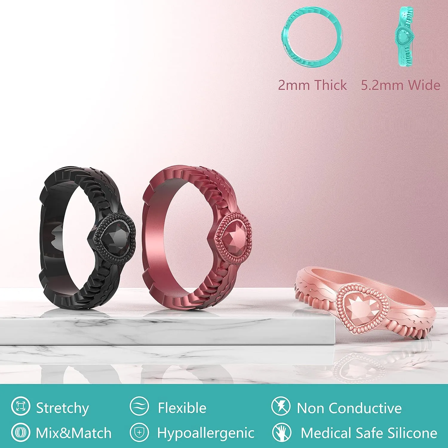 Zollen Silicone Wedding Rings for Women 4/7 Packs - Stackable Silicone Rubber Wedding Bands - Innovative Heart Shaped Diamond and Wings Collections