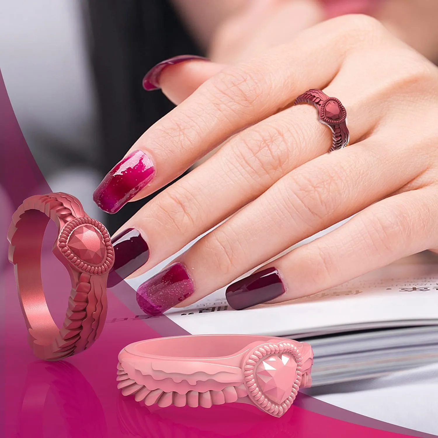 Zollen Silicone Wedding Rings for Women 4/7 Packs - Stackable Silicone Rubber Wedding Bands - Innovative Heart Shaped Diamond and Wings Collections