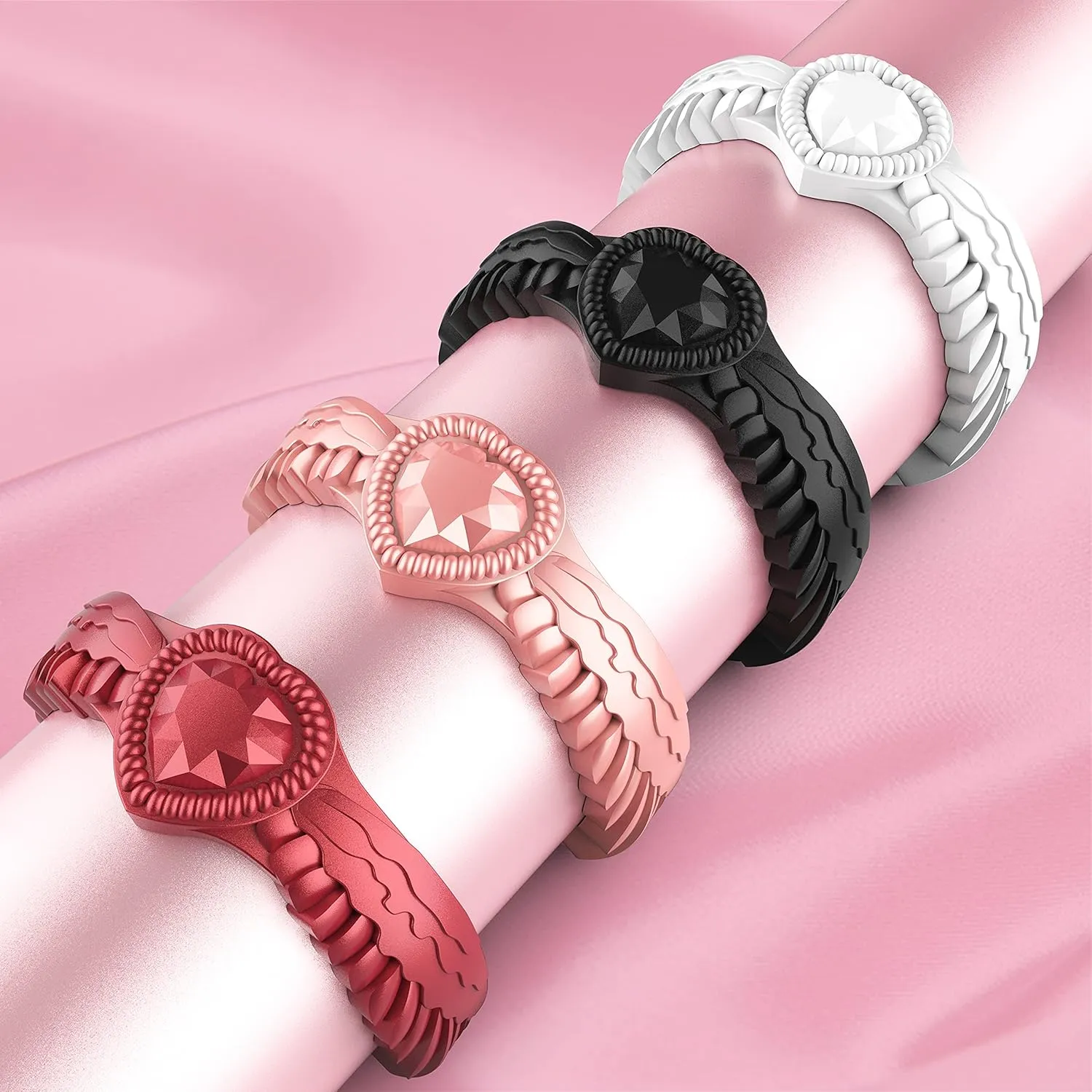 Zollen Silicone Wedding Rings for Women 4/7 Packs - Stackable Silicone Rubber Wedding Bands - Innovative Heart Shaped Diamond and Wings Collections