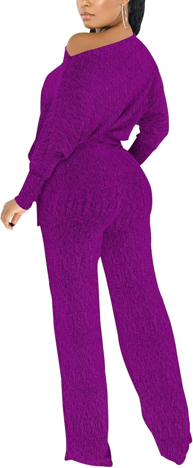 ZonJie Jumpsuits for Women Elegant Sexy Sparkly Sequin Off Shoulder Pants Long Sleeves Wide Leg Clubwear Rompers
