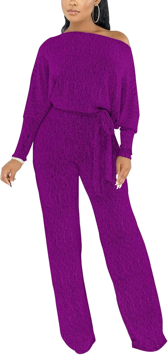 ZonJie Jumpsuits for Women Elegant Sexy Sparkly Sequin Off Shoulder Pants Long Sleeves Wide Leg Clubwear Rompers