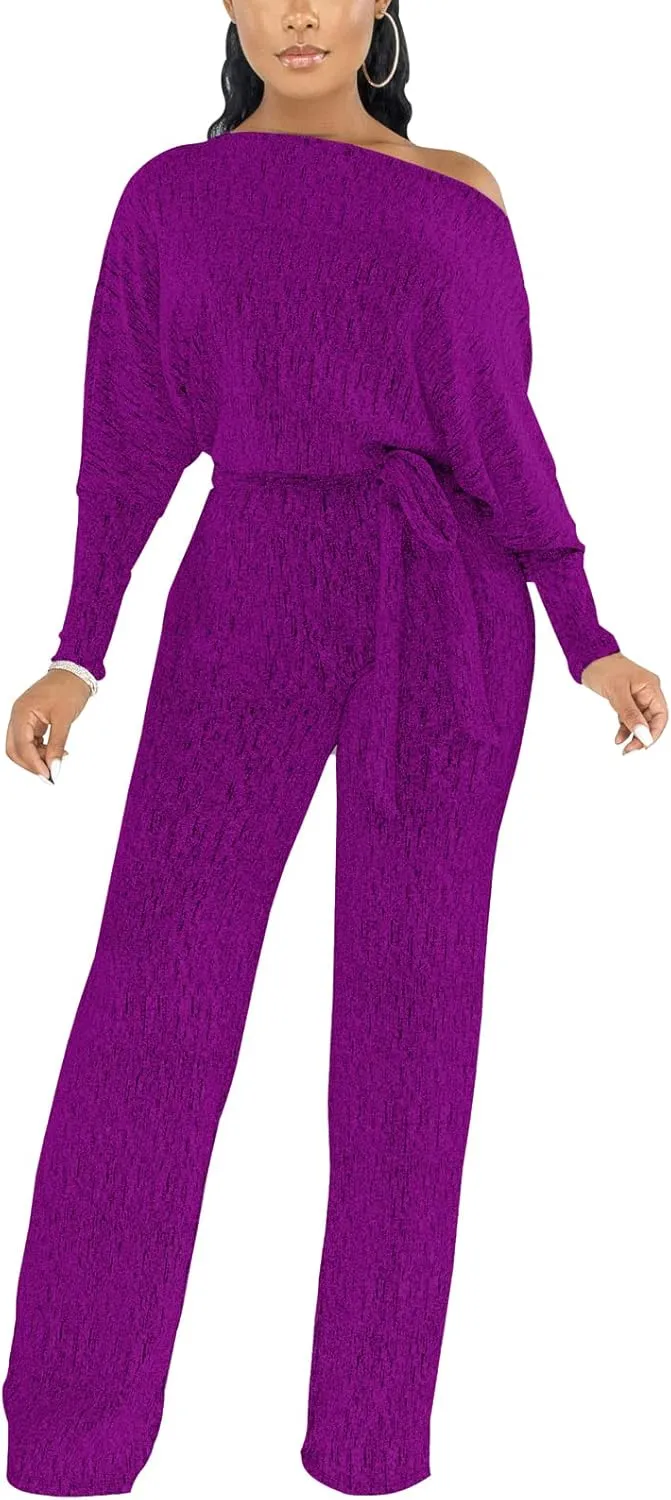 ZonJie Jumpsuits for Women Elegant Sexy Sparkly Sequin Off Shoulder Pants Long Sleeves Wide Leg Clubwear Rompers