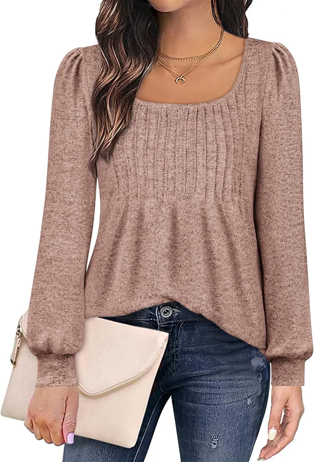 Zwurew Women's Puff Long Sleeve Shirts 2024 Trendy Scoop Neck Loose Fit Blouses Pleated Flowy Tunic Tops S-2XL