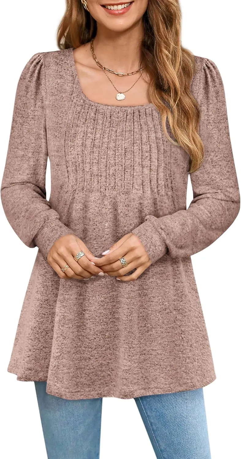Zwurew Women's Puff Long Sleeve Shirts 2024 Trendy Scoop Neck Loose Fit Blouses Pleated Flowy Tunic Tops S-2XL