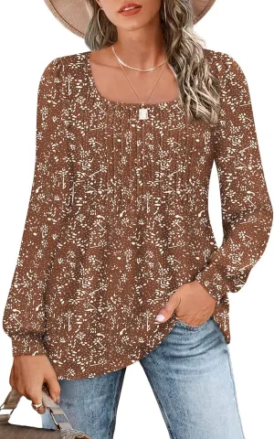 Zwurew Women's Puff Long Sleeve Shirts 2024 Trendy Scoop Neck Loose Fit Blouses Pleated Flowy Tunic Tops S-2XL