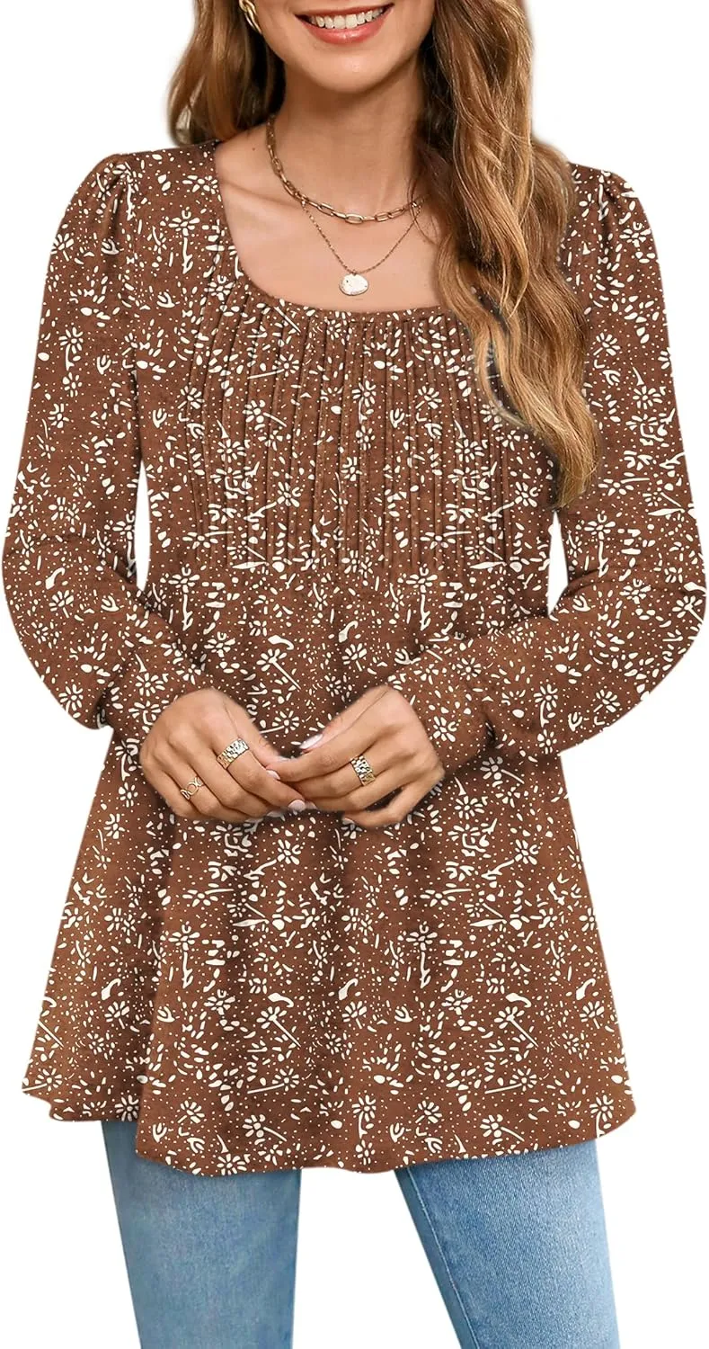 Zwurew Women's Puff Long Sleeve Shirts 2024 Trendy Scoop Neck Loose Fit Blouses Pleated Flowy Tunic Tops S-2XL