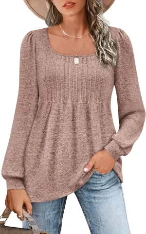 Zwurew Women's Puff Long Sleeve Shirts 2024 Trendy Scoop Neck Loose Fit Blouses Pleated Flowy Tunic Tops S-2XL