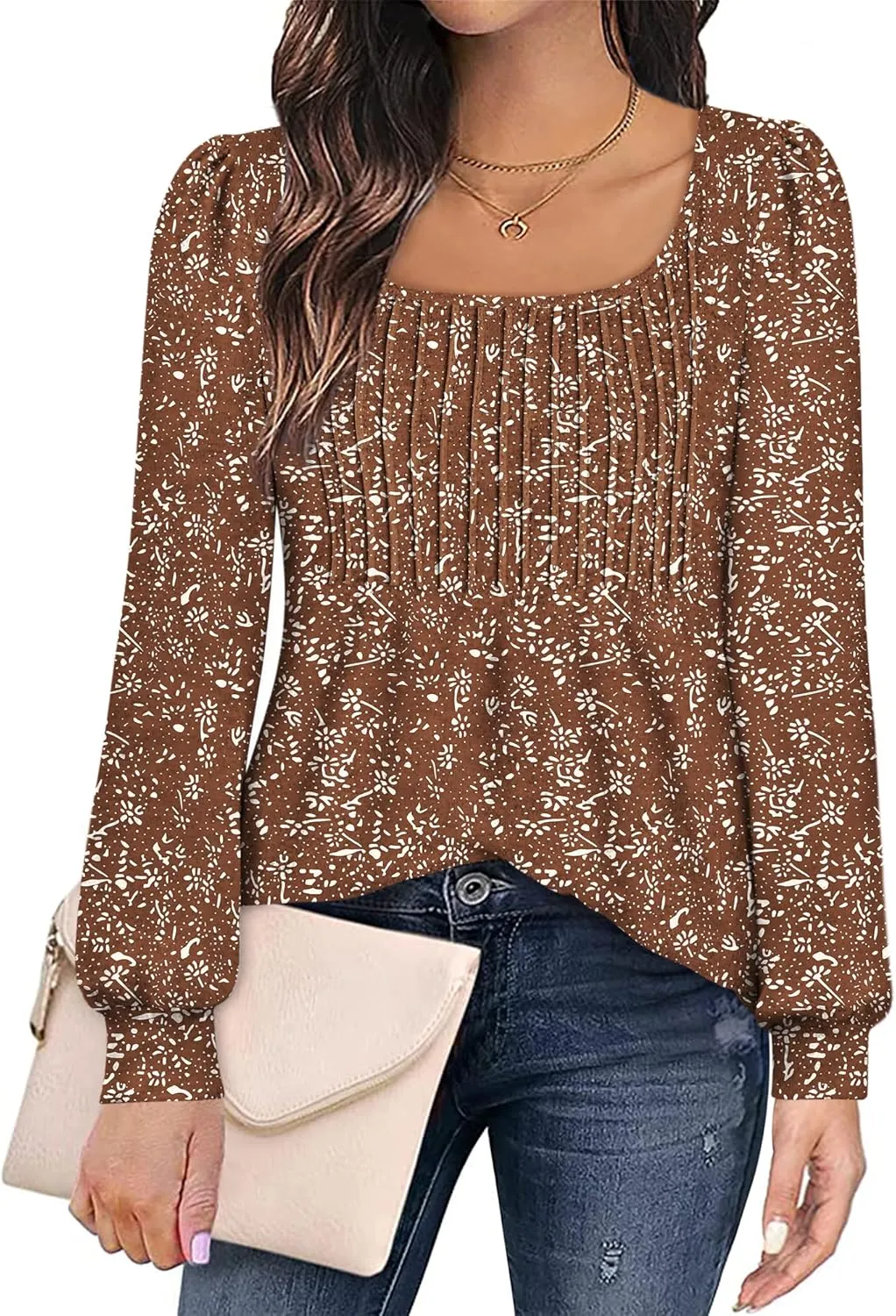 Zwurew Women's Puff Long Sleeve Shirts 2024 Trendy Scoop Neck Loose Fit Blouses Pleated Flowy Tunic Tops S-2XL