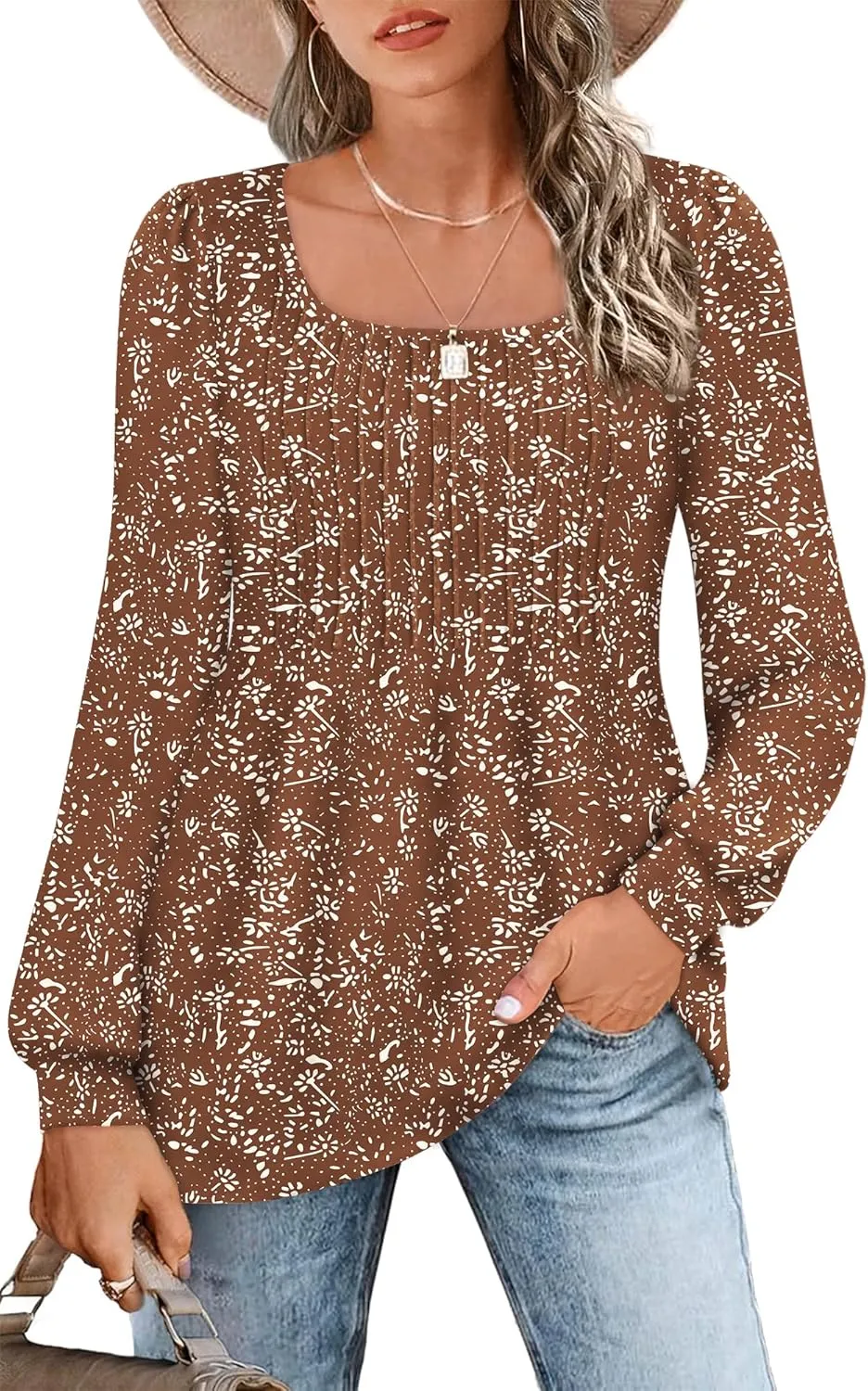 Zwurew Women's Puff Long Sleeve Shirts 2024 Trendy Scoop Neck Loose Fit Blouses Pleated Flowy Tunic Tops S-2XL