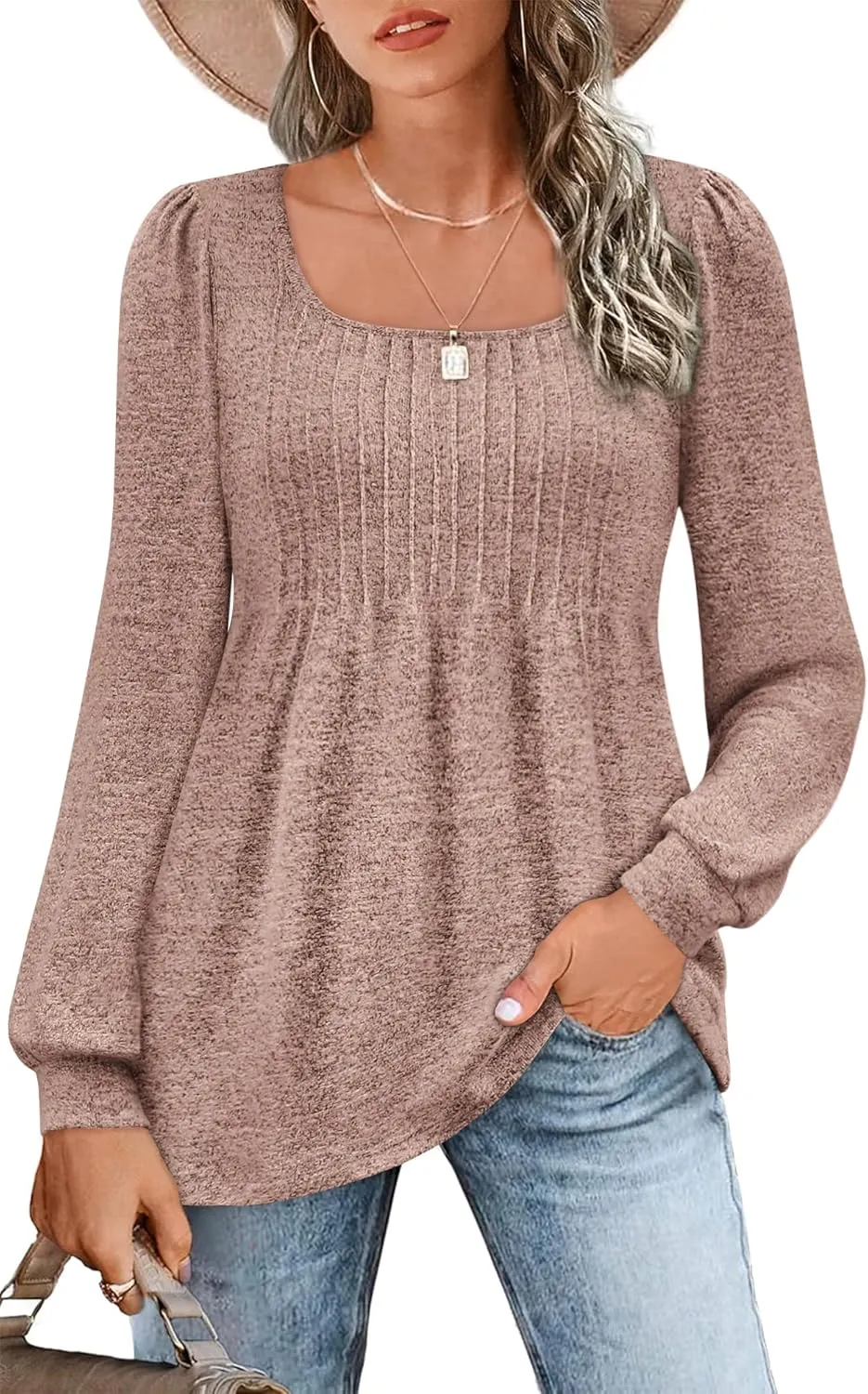Zwurew Women's Puff Long Sleeve Shirts 2024 Trendy Scoop Neck Loose Fit Blouses Pleated Flowy Tunic Tops S-2XL